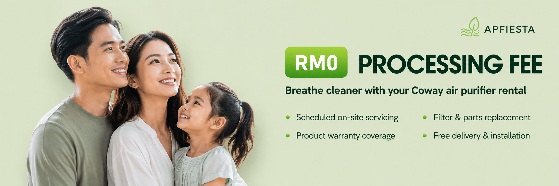 RM0 processing fee for Coway air purifier rental with scheduled servicing, warranty coverage, filter and parts replacement, and free delivery and installation