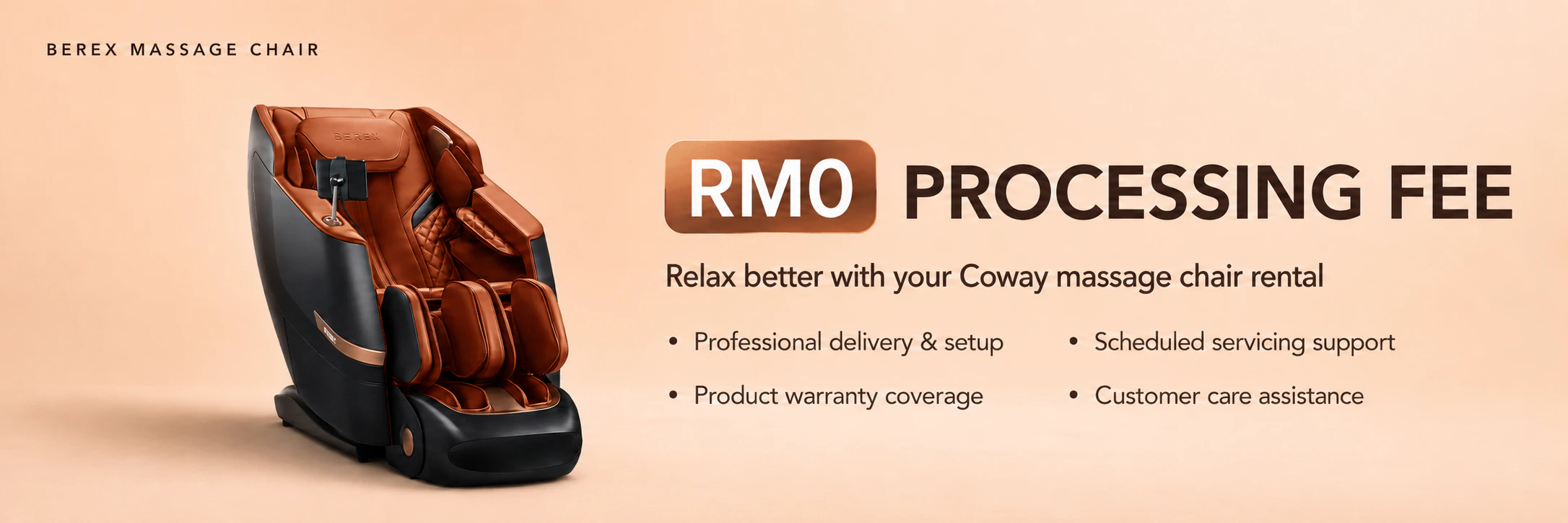 RM0 processing fee for Coway Berex massage chair rental with professional delivery, warranty coverage, scheduled servicing, and customer care