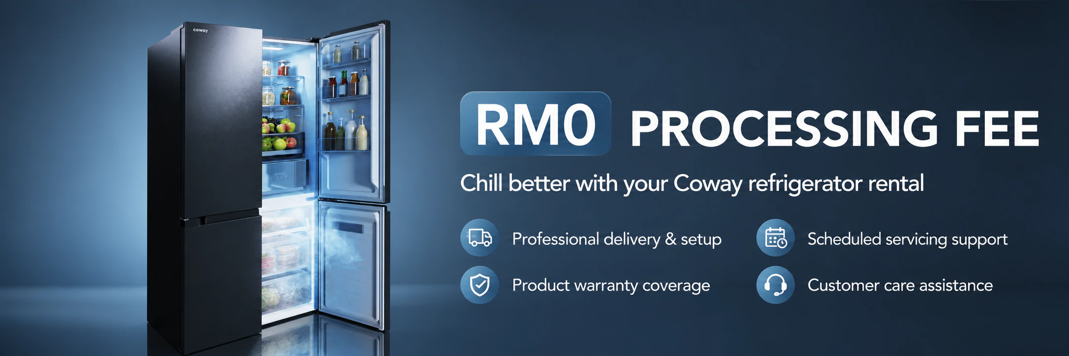 RM0 processing fee for Coway refrigerator rental with professional delivery, warranty coverage, scheduled servicing, and customer care