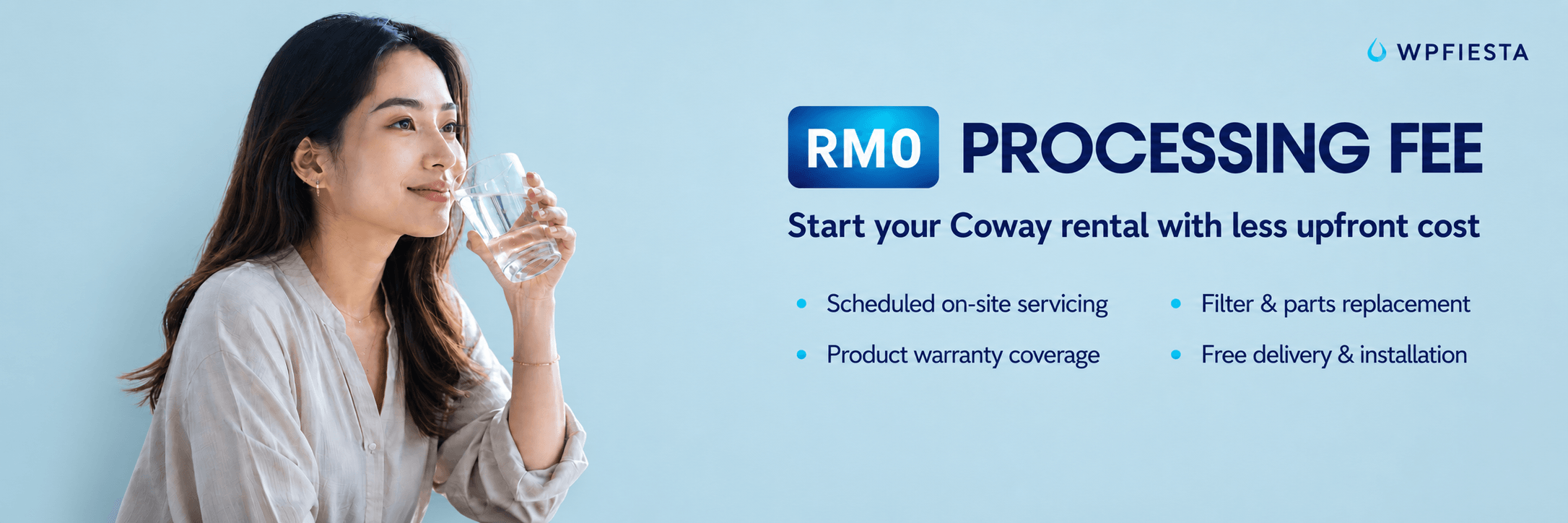 RM0 processing fee promotion for Coway rental with scheduled servicing, warranty coverage, filter and parts replacement, and free delivery and installation