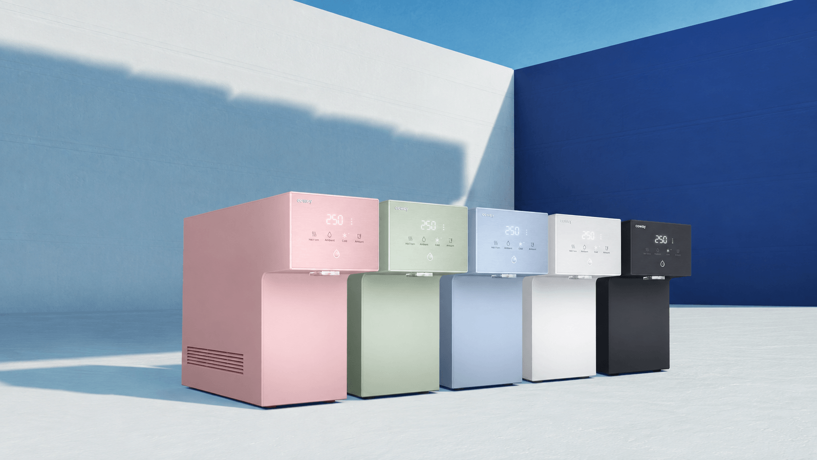 Five Coway Dazzie water purifiers in Peach Pink, Mint Green, Ciel Blue, Porcelain White and Pebble Grey