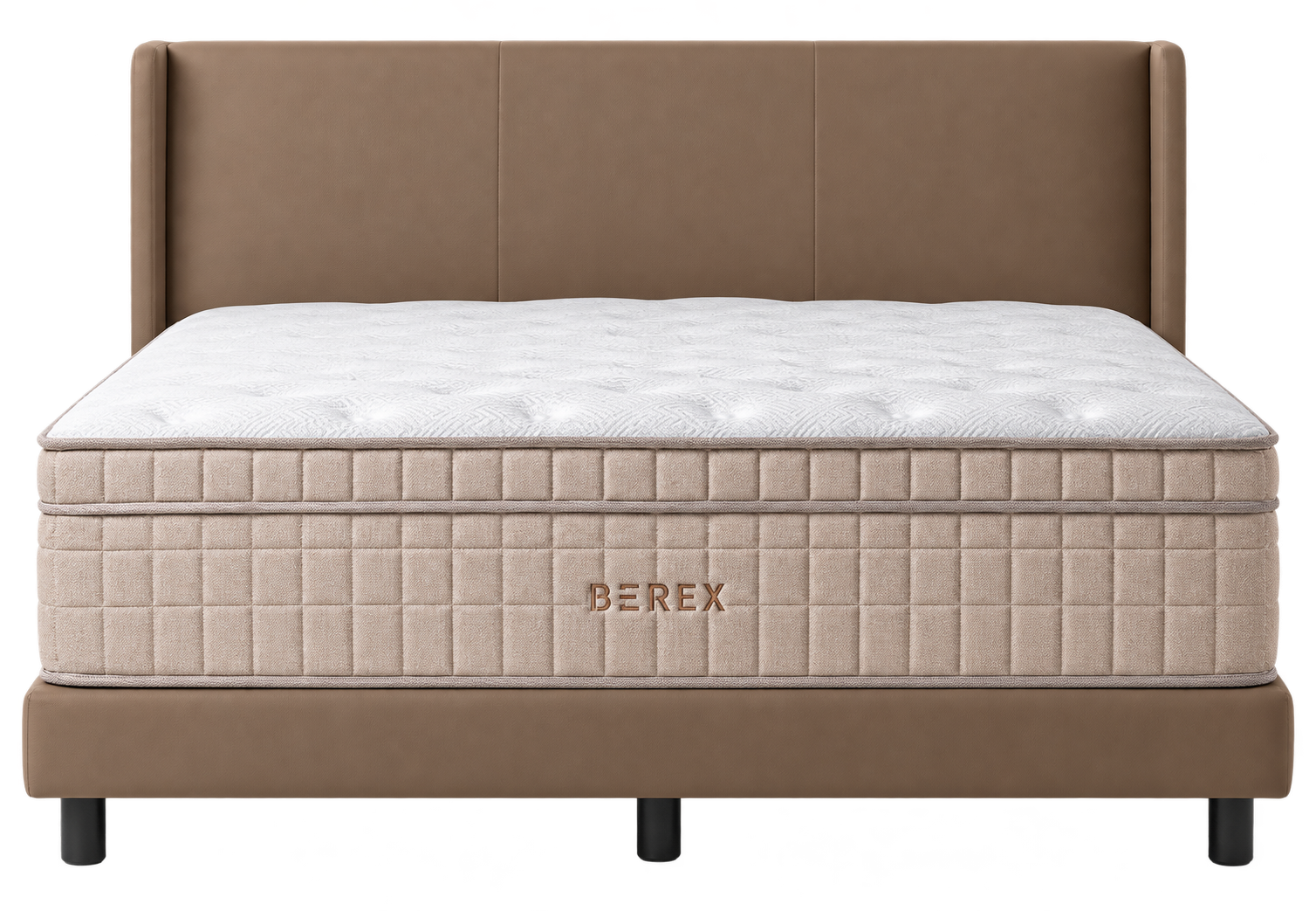 Coway BEREX Elite Series mattress and Brown leather bedframe