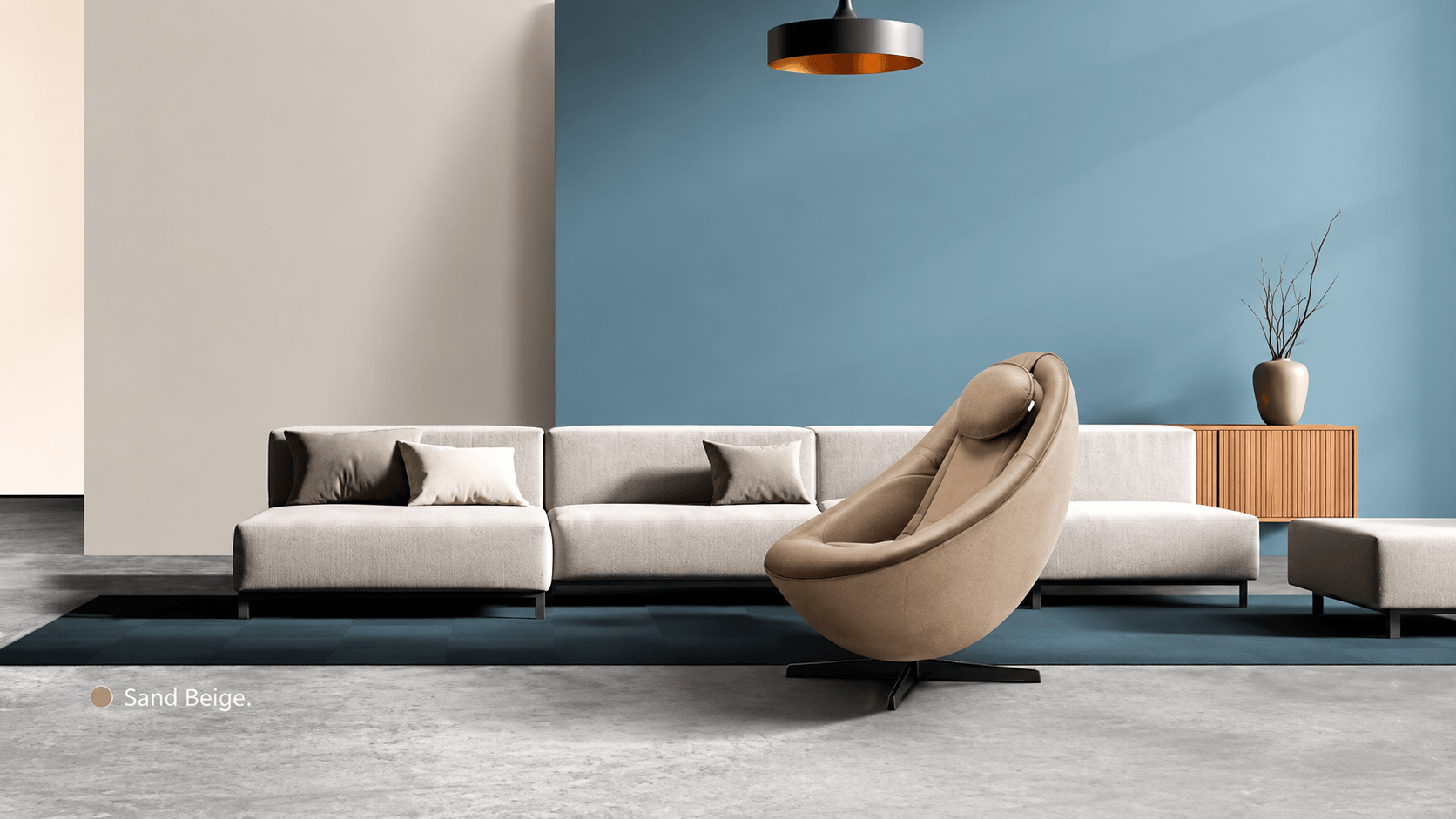 BEREX Pebble Sand Beige massage chair in a modern living room