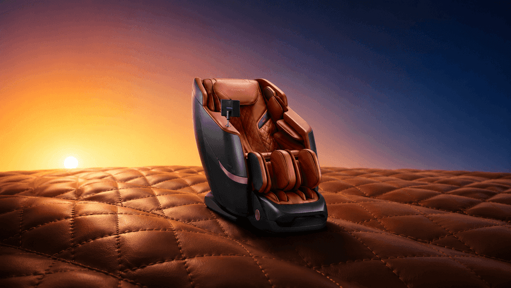 BEREX Senno Plus massage chair in a warm sunset leather setting